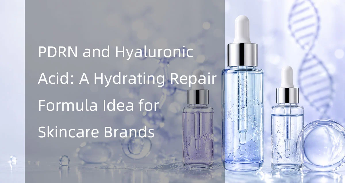 Skincare bottles with serums featuring PDRN and hyaluronic acid against a scientific background with DNA helix imagery.